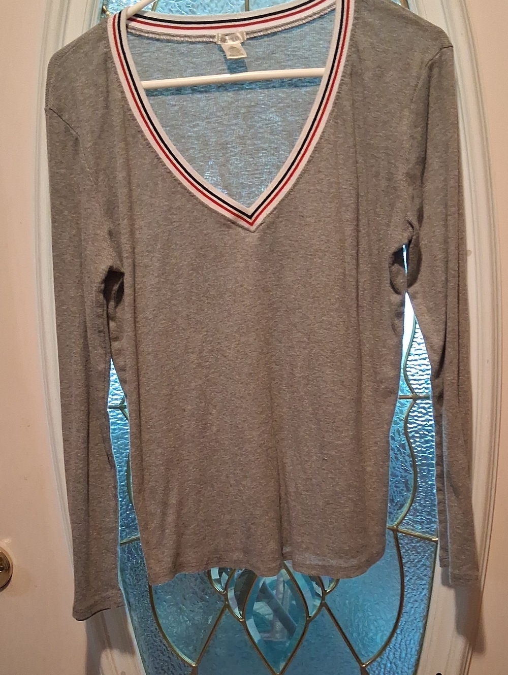 Gray V-Neck Long Sleeve Top with Striped Trim